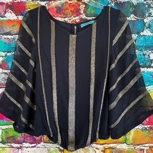 Alice + Olivia 100% Silk Fully Beaded Blouse Shirt Top Navy Blue Silver Beads S